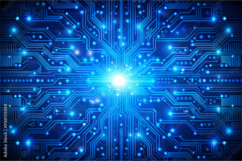 Glowing lines and dots on a Black and blue background, AI Generation	