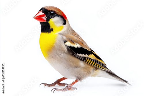 Goldfinch in a perched position, isolated on white background