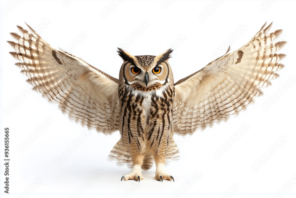 Owl with wings wide open, isolated on a white surface Owl with wings wide open, isolated on a white surface