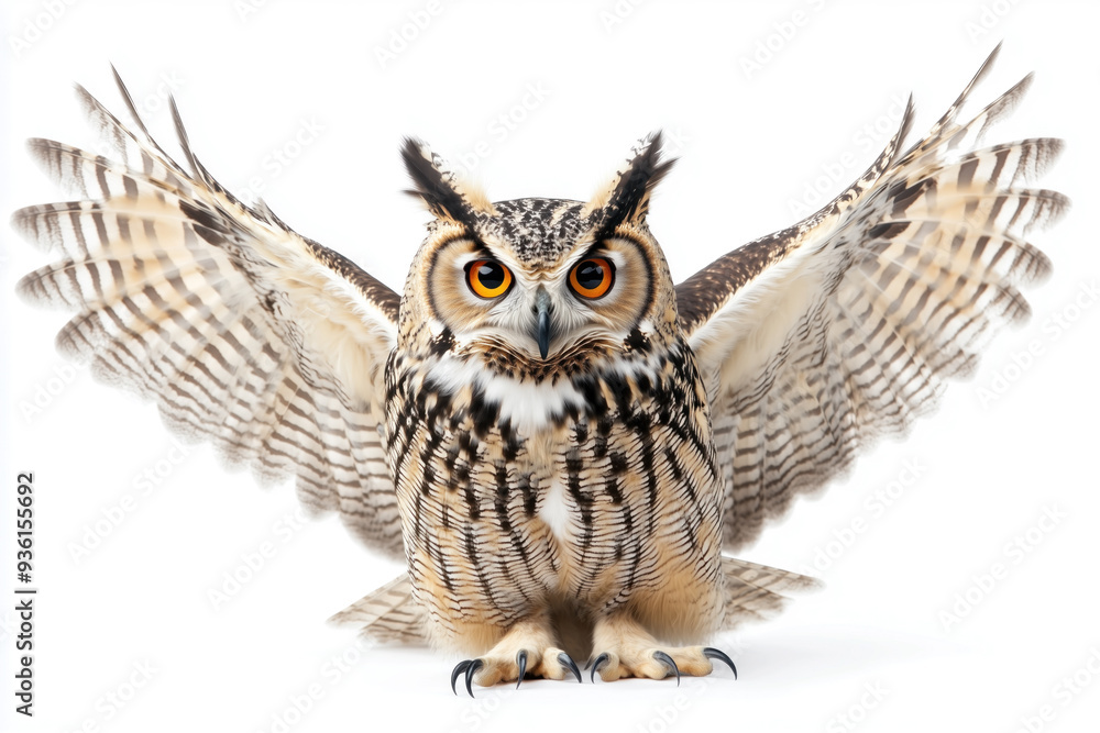 Fototapeta premium An isolated white background with an owl spreading its wings
