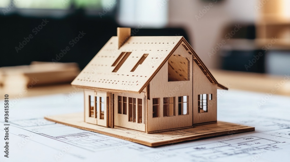 A detailed house model placed on an architectural blueprint, symbolizing real estate planning, construction, and home design concepts... A detailed house model placed on an architectural blueprint, symbolizing real estate planning, construction, and home design concepts...