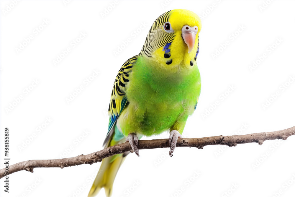 Fototapeta premium Parakeet perched on branch isolated on white background