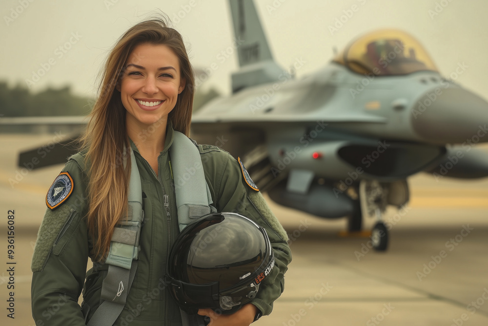 The female pilot in the air force is in front of the jet. The female pilot in the air force is in front of the jet.