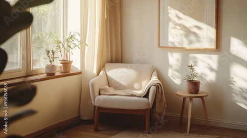 A bright, minimalist living room featuring a cozy wooden chair, small table with a plant, and warm natural sunlight...