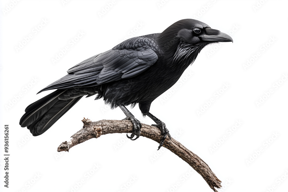 Fototapeta premium Raven perched on a branch isolated on white background