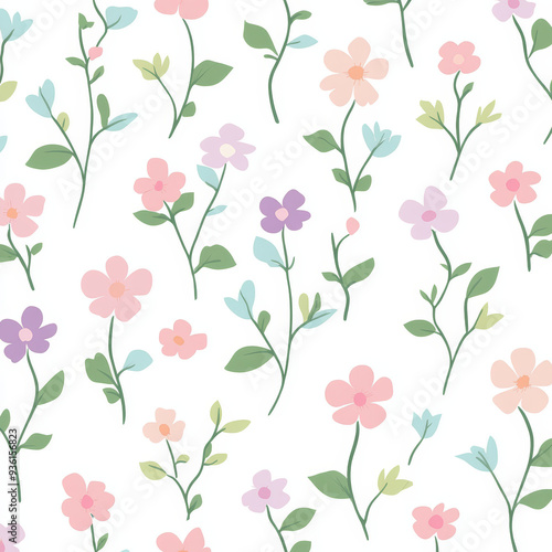 Seamless, Floral pattern, Hand-drawn flowers, Pastel colors, Minimalist design, Cute flowers, Soft colors, Simple drawing, White background, Negative space, Decorative design, Vector pattern