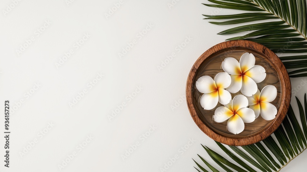 Top view of frangipani flowers floating in a wooden bowl with palm leaves, Tropical Serenity, soothing spa vibes Top view of frangipani flowers floating in a wooden bowl with palm leaves, Tropical Serenity, soothing spa vibes