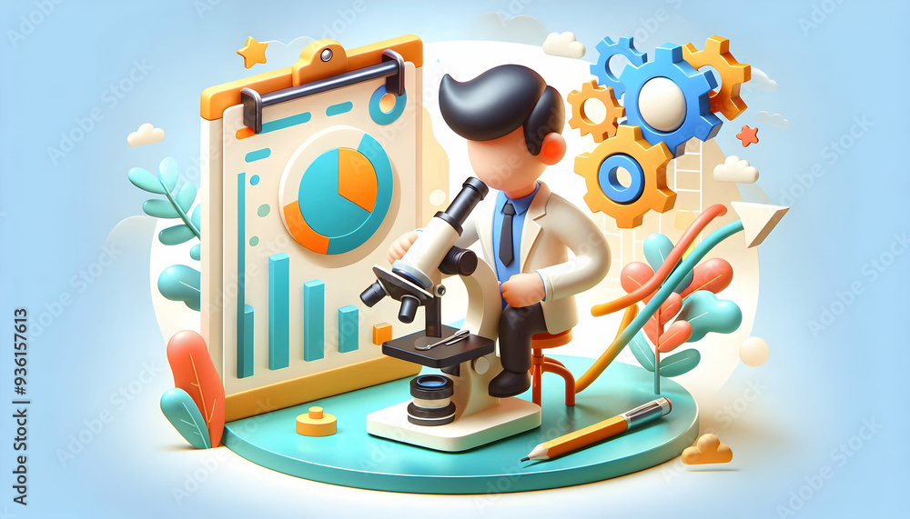 3D Flat Icon of Researcher with Microscope Goal Chart on Whimsical Background Research Business Goals Concept on Isolated White Background 3D Flat Icon of Researcher with Microscope Goal Chart on Whimsical Background Research Business Goals Concept on Isolated White Background