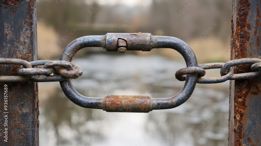 Chain And Post Fence. Metal Fence with Chain Link, Locked Gate and Water Background Chain And Post Fence. Metal Fence with Chain Link, Locked Gate and Water Background
