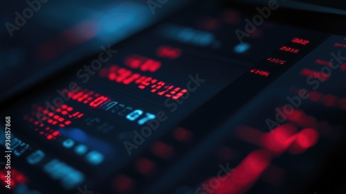 A close-up view of a mobile device screen displaying red stock market data, with a blurred background of vibrant lights...