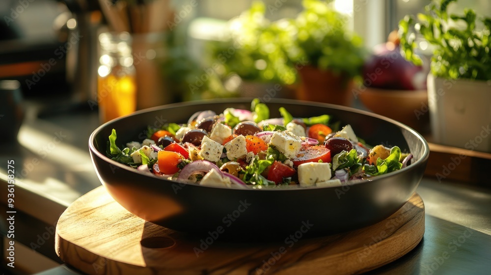 A vibrant Greek salad in a wooden bowl, featuring fresh vegetables, feta cheese, and olives, illuminated by warm natural light.. A vibrant Greek salad in a wooden bowl, featuring fresh vegetables, feta cheese, and olives, illuminated by warm natural light..