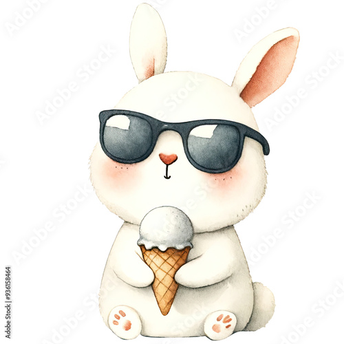 Cute white rabbit wearing sunglasses enjoys ice cream cone. Adorable bunny illustration, perfect for fun and whimsical designs. photo