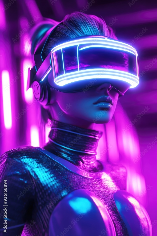 Gamer Head Set. Futuristic VR Headset Cybergirl in Neon Cyberpunk Environment Gamer Head Set. Futuristic VR Headset Cybergirl in Neon Cyberpunk Environment