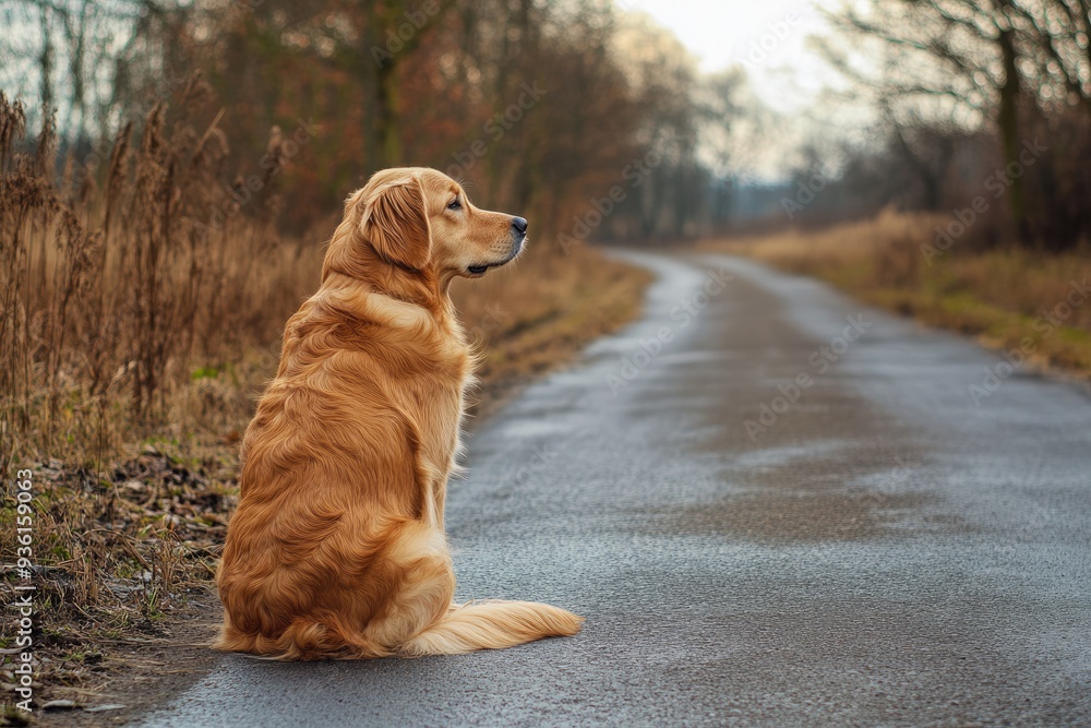 Obraz premium Golden Retriever Back. Cute Dog Waiting on Lane in Outdoor Setting