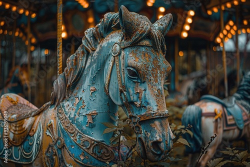 A close-up of a weathered carousel horse, faded blue paint with rust,  surrounded by overgrown plants. The carousel is in a state of disrepair, and the lights are barely visible photo