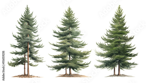 set of pine tree watercolor isolated on transparent background cutout