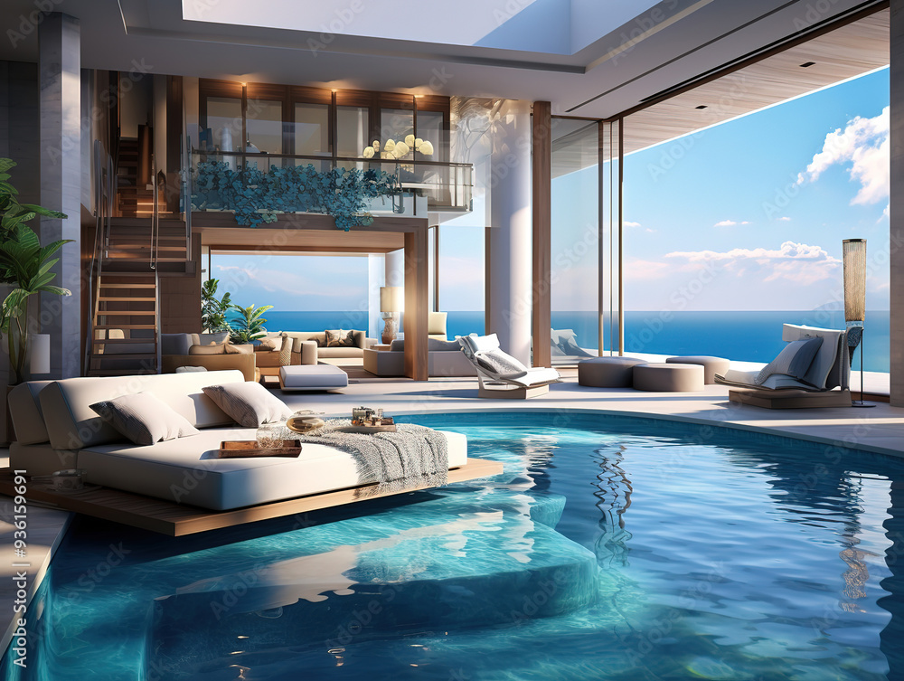 Fototapeta premium Fantastic Deckchair swimming pool in resort