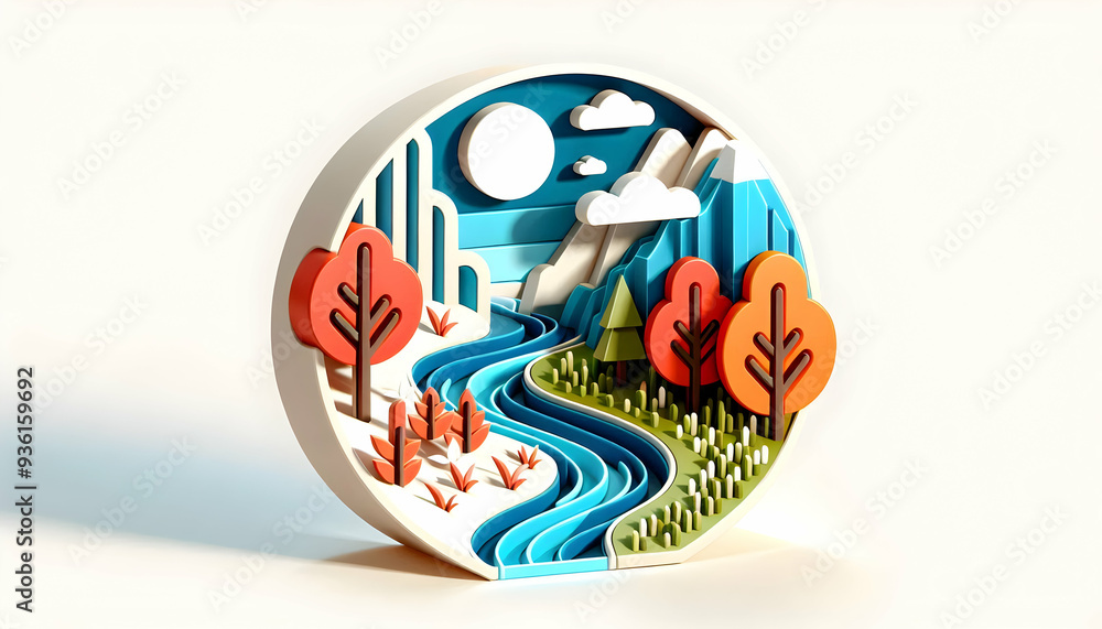 3D Flat Icon: Spring and Autumn Riverbank Half Tone Landscape Seasonal Transitions Symbolizing Life Flow Isolated on White Background 3D Flat Icon: Spring and Autumn Riverbank Half Tone Landscape Seasonal Transitions Symbolizing Life Flow Isolated on White Background