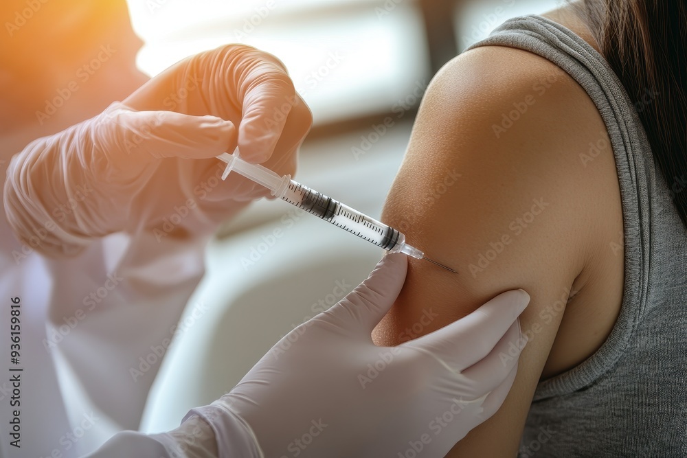 person receiving a medical injection in the arm from a healthcare professional, with copy space. Bright, clinical lighting. Clean, sterile with syringe person receiving a medical injection in the arm from a healthcare professional, with copy space. Bright, clinical lighting. Clean, sterile with syringe