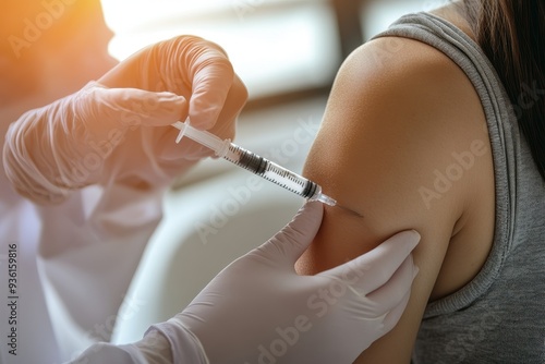 person receiving a medical injection in the arm from a healthcare professional, with copy space. Bright, clinical lighting. Clean, sterile with syringe