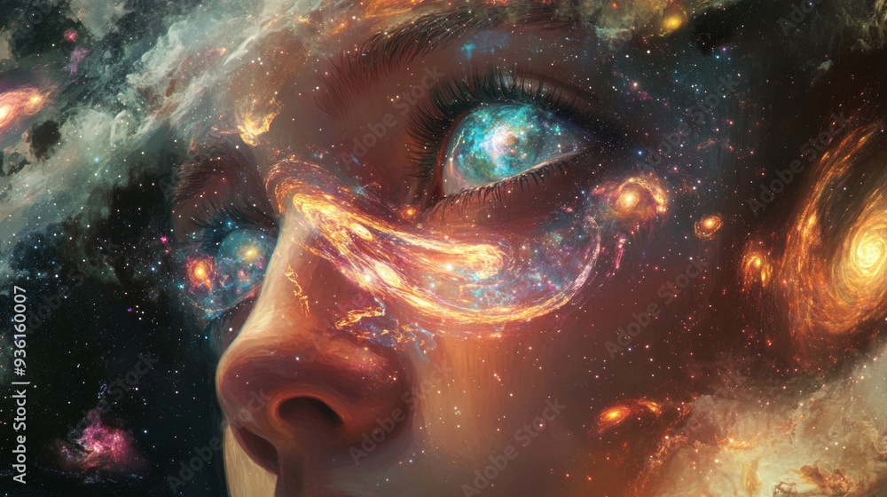 Galactic Gaze. Portrait with Universes Emanating from the Eyes Galactic Gaze. Portrait with Universes Emanating from the Eyes