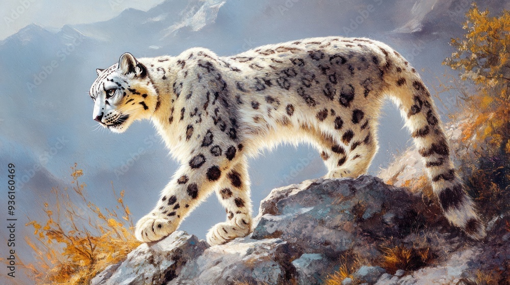 Fototapeta premium Majestic Snow Leopard on a Mountain Ridge