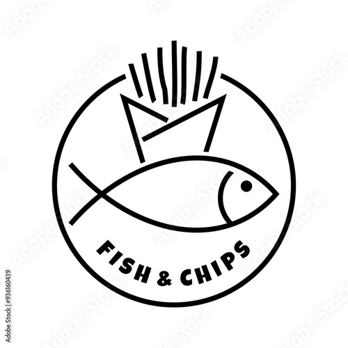 Fish and chips logo vector Illustration template lettering sign black and white