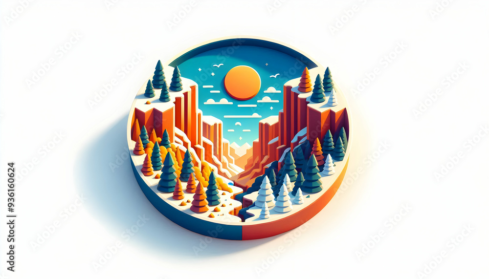Obraz premium 3D Flat Icons of Summer and Winter Canyon Landscapes: Grandeur and Endurance Concept, Isolated on White Background