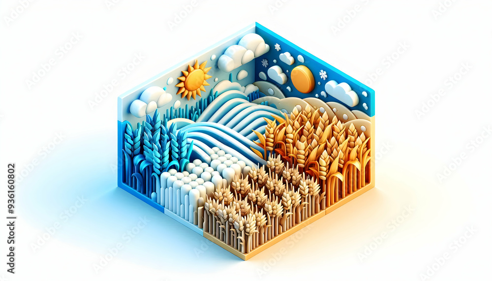 3D Flat Icon of Summer and Winter Fields with Half Tone Landscape Abundance and Stillness Concept on White Background 3D Flat Icon of Summer and Winter Fields with Half Tone Landscape Abundance and Stillness Concept on White Background
