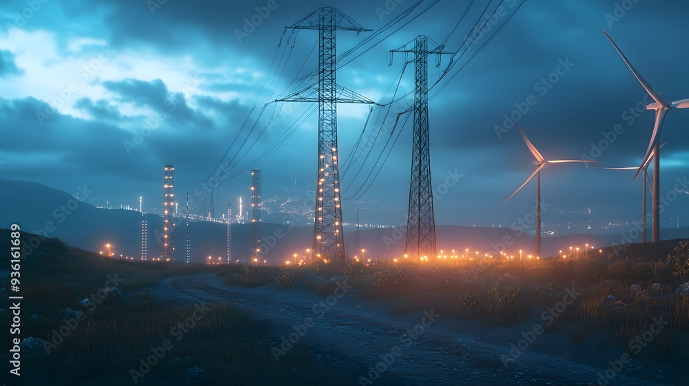 5. A wind farm with turbines generating electricity and connecting to the grid 5. A wind farm with turbines generating electricity and connecting to the grid