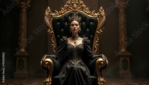 Queen on Gold Throne with Dragon-Serpent Design with dark theme