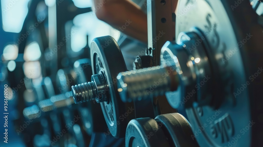 Close-up shot of weights lined up in a gym, with a person working out in the background, capturing the intensity of a focused workout session.. Close-up shot of weights lined up in a gym, with a person working out in the background, capturing the intensity of a focused workout session..