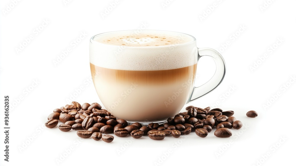 A clear glass cup of layered latte macchiato surrounded by coffee beans on a white background, showcasing the contrast between creamy milk and espresso.. A clear glass cup of layered latte macchiato surrounded by coffee beans on a white background, showcasing the contrast between creamy milk and espresso..