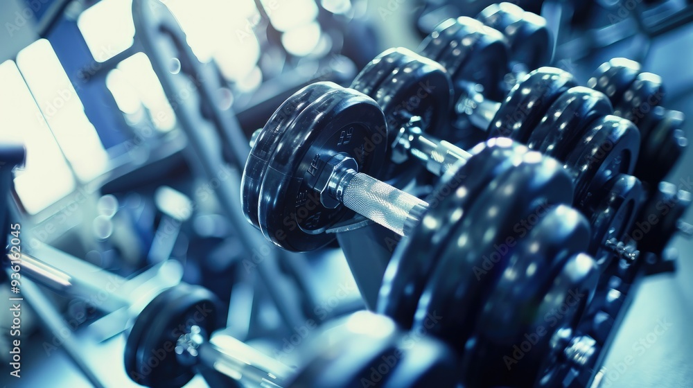 Close-up shot of weights lined up in a gym, with a person working out in the background, capturing the intensity of a focused workout session.. Close-up shot of weights lined up in a gym, with a person working out in the background, capturing the intensity of a focused workout session..