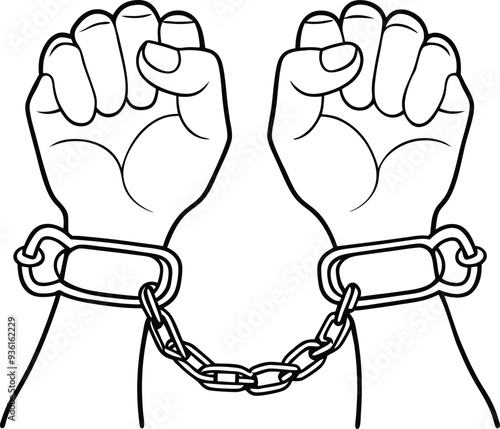 A pair of hands chained freedom line art  illustration black and white