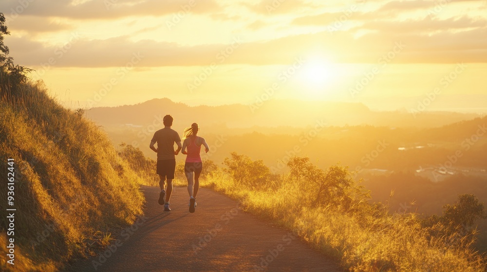 A couple jogs along a scenic trail during sunrise, enjoying an early morning workout in a natural outdoor setting.. A couple jogs along a scenic trail during sunrise, enjoying an early morning workout in a natural outdoor setting..