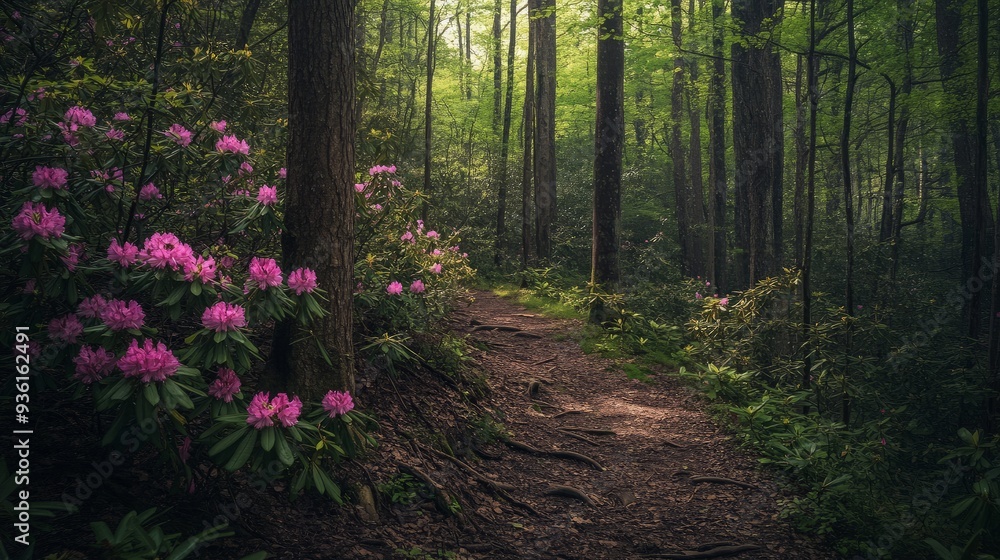 Fototapeta premium Forest Path with Rhododendron Blooms