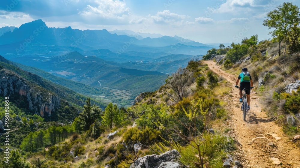 A cyclist navigates a rugged mountain trail surrounded by stunning alpine scenery, showcasing the thrill of outdoor adventure and nature exploration.. A cyclist navigates a rugged mountain trail surrounded by stunning alpine scenery, showcasing the thrill of outdoor adventure and nature exploration..