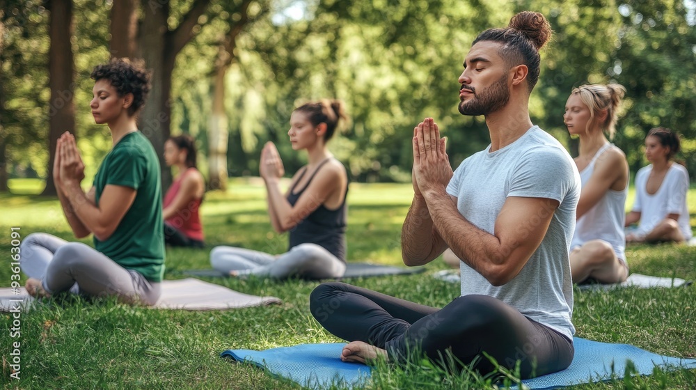 A group of women practice yoga together outdoors in a sunny urban environment, focusing on mindfulness and physical well-being amidst nature and cityscape.. A group of women practice yoga together outdoors in a sunny urban environment, focusing on mindfulness and physical well-being amidst nature and cityscape..