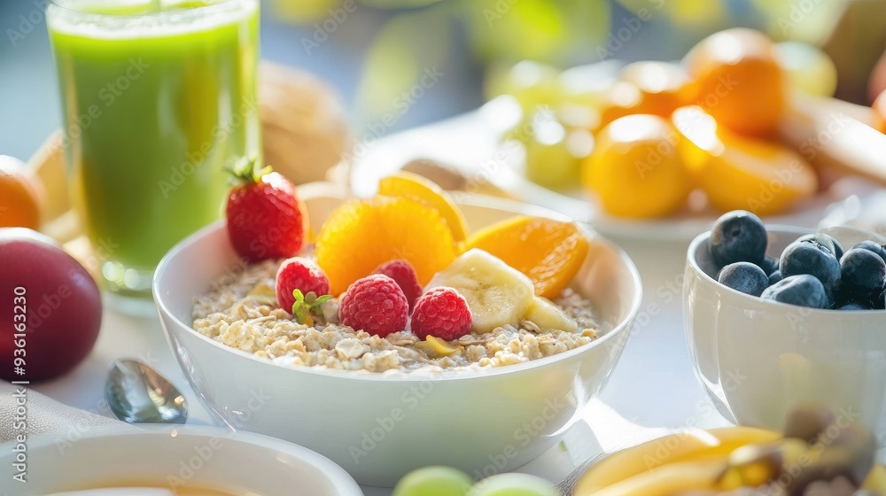 A colorful display of fresh fruits, smoothie, and nutritious breakfast bowls featuring strawberries, blueberries, kiwi, and oats, showcasing healthy eating and vibrant nutrition..
