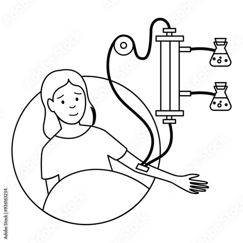 Hemodialysis, artificial blood purification. The girl, a patient, is connected to a hemodialysis machine. Black line illustration with diagram, diagram. Vector illustration
