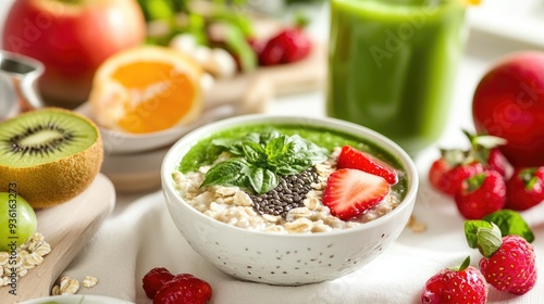 A colorful display of fresh fruits, smoothie, and nutritious breakfast bowls featuring strawberries, blueberries, kiwi, and oats, showcasing healthy eating and vibrant nutrition..