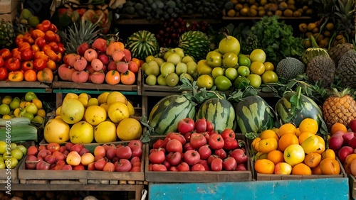 A bustling fruit stand featuring a diverse selection of fresh fruits.