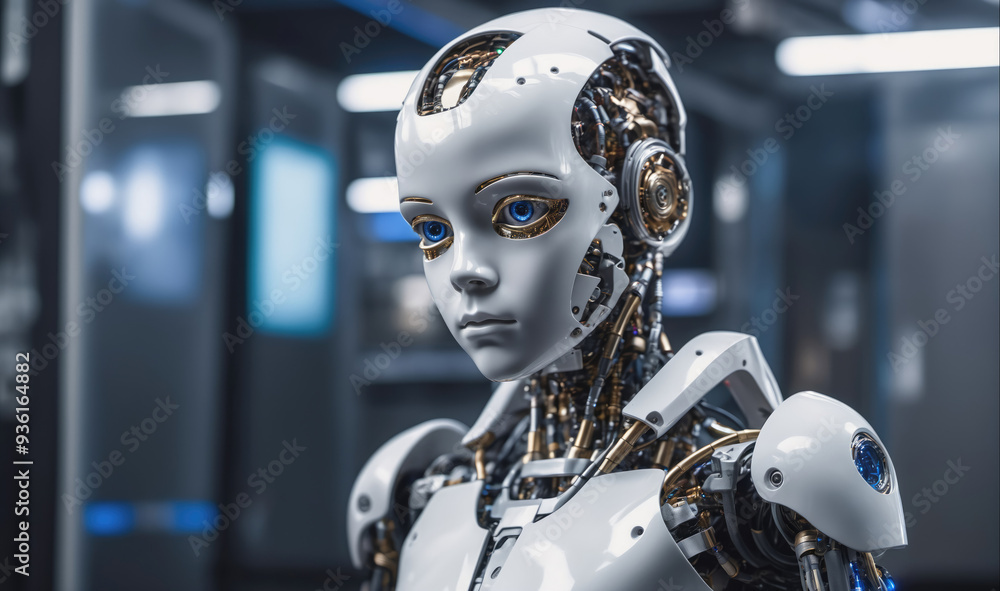 A white humanoid robot stands in a server room, its blue eyes staring directly at the camera A white humanoid robot stands in a server room, its blue eyes staring directly at the camera