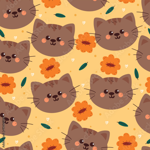 seamless pattern cartoon cat with flower. cute animal wallpaper for fabric print, gift wrap paper