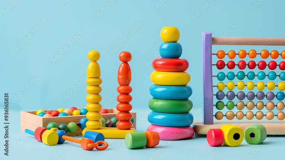 Cute brightly coloured preschool age wooden stacking toys toy blocks and an abacus grouped together Cute brightly coloured preschool age wooden stacking toys toy blocks and an abacus grouped together