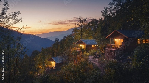 Contemporary cabins with large glass windows nestled in a misty mountain forest at dusk, offering a serene and tranquil escape..