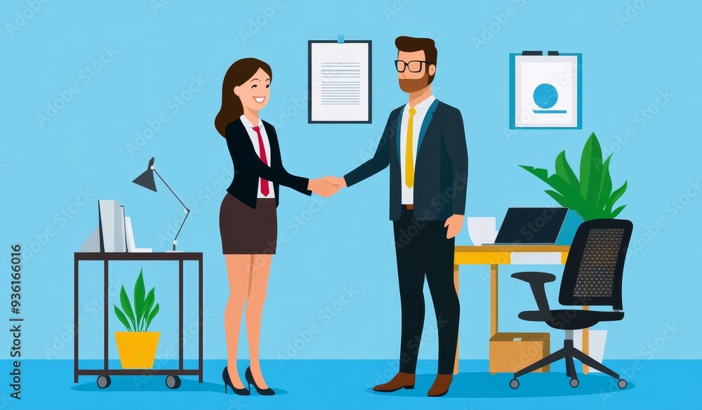 Fototapeta premium A blue office with four business people shaking hands, one woman holding a laptop, a flat design, a light background