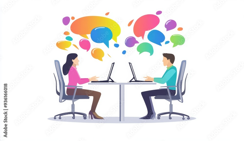 There is an illustration of two people on the phone, one holding an application form, and the other with a laptop and speech bubbles above them. There is an illustration of two people on the phone, one holding an application form, and the other with a laptop and speech bubbles above them.