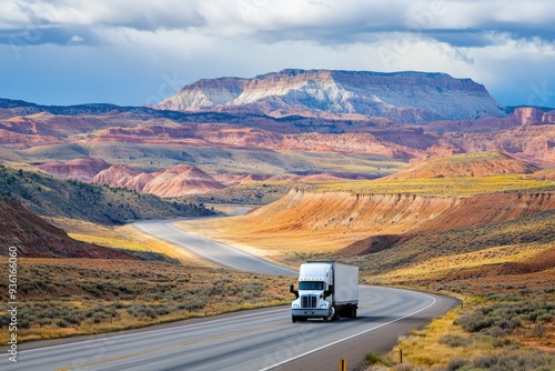 Semi Truck Desert. Driving on Interstate Highway with Wide Open Desert Landscapes photo